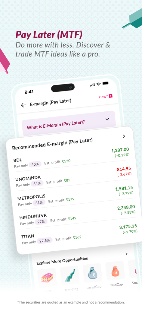 Axis Direct Trader - Axis Direct Trader mobile app interface showing E-margin Pay Later recommended stocks and estimated profits