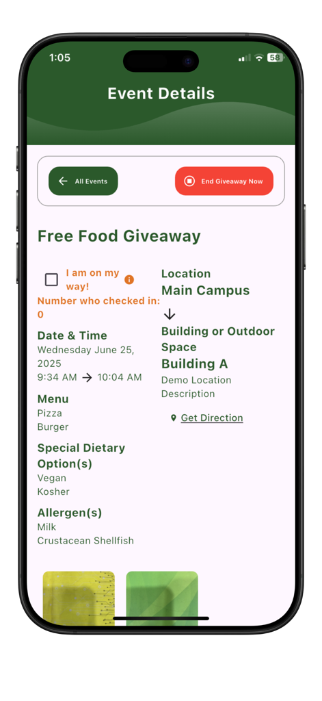 Food Alert On Campus - Event details screen in the Food Alert On Campus app showing location and food menu.