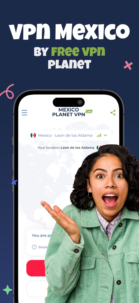 VPN Mexico - Fast & Private - A woman expressing surprise next to the VPN Mexico app showing a connection to a server in Mexico