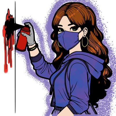 realistic girl with mask spray painting a wall