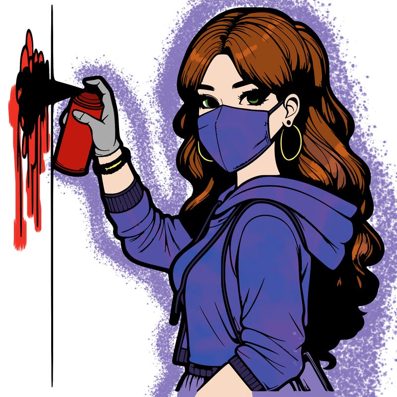 realistic girl with mask spray painting a wall