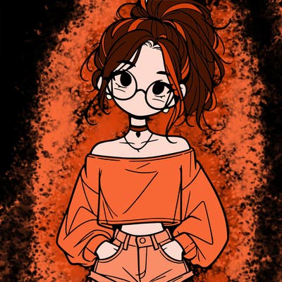 girl with a messy ponytail glasses a baggy crop top and jean shorts