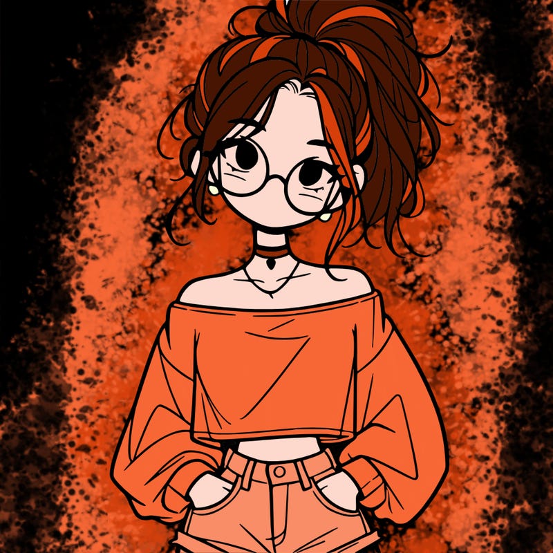 girl with a messy ponytail glasses a baggy crop top and jean shorts