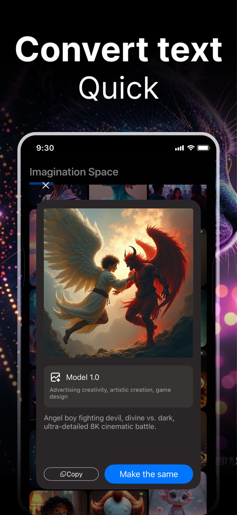 Creative AI mobile app screen showing a generated image of an angel and devil battle