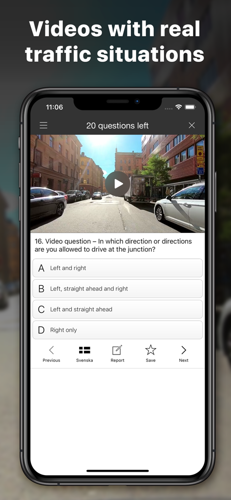 iKörkort - Smartphone screen showing a video based theory question for the Swedish drivers license test