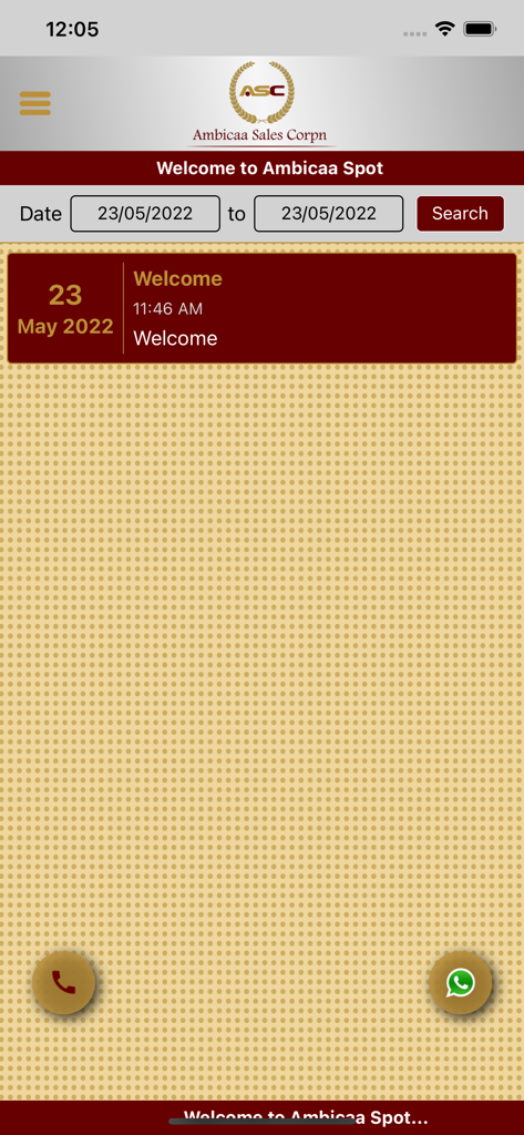 Ambicaa Spot - Ambicaa Spot app home screen showing a date search tool and welcome message for precious metal trading.