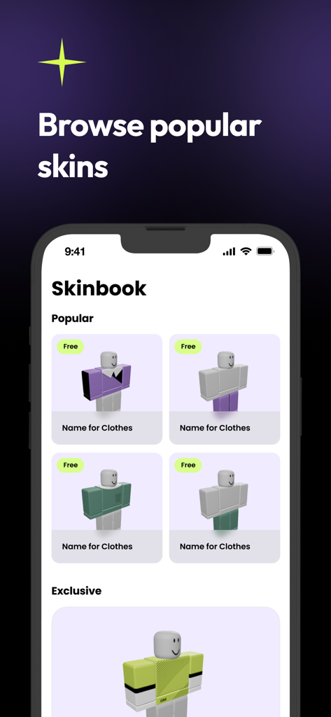 Skins Maker for RBLX - Uma interface de aplicativo móvel mostrando uma galeria de skins e roupas de avatar gratuitas populares para Roblox
