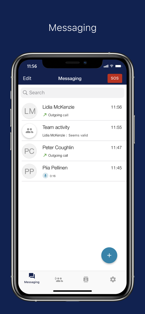 Agnet Work - The messaging interface of the Agnet Work app showing recent professional communications and a red SOS emergency button