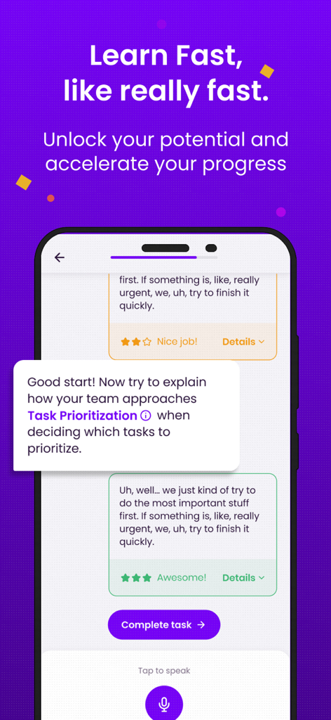 Leya AI: Learn English Fast - Screenshot of Leya AI app showing a conversation practice session with AI feedback and task prioritization topic.
