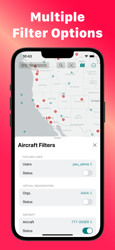 InfiniteInfo - A mobile interface for InfiniteInfo showing aircraft filters including focused users and virtual organizations over a flight map
