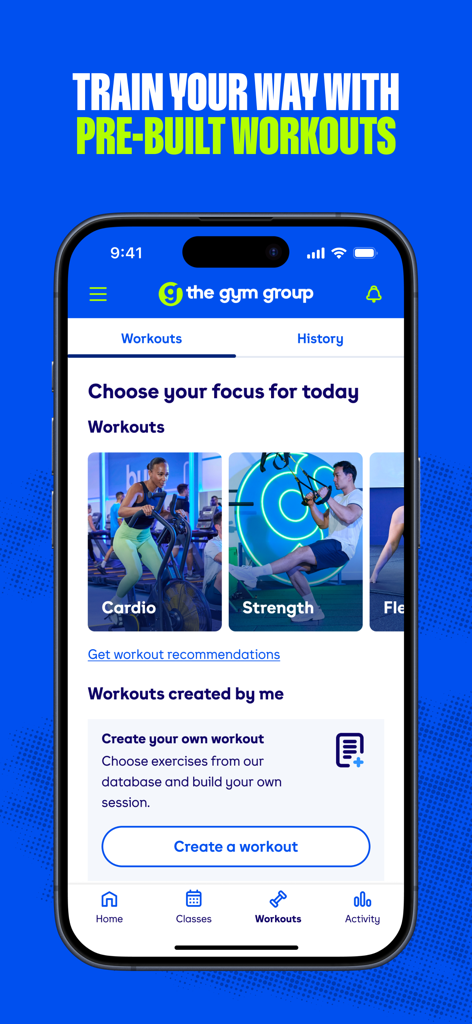 The Gym Groupモバイルアプリのスクリーンショット、カーディオや筋力トレーニングなどのワークアウトカテゴリとカスタムワークアウトビルダーを表示