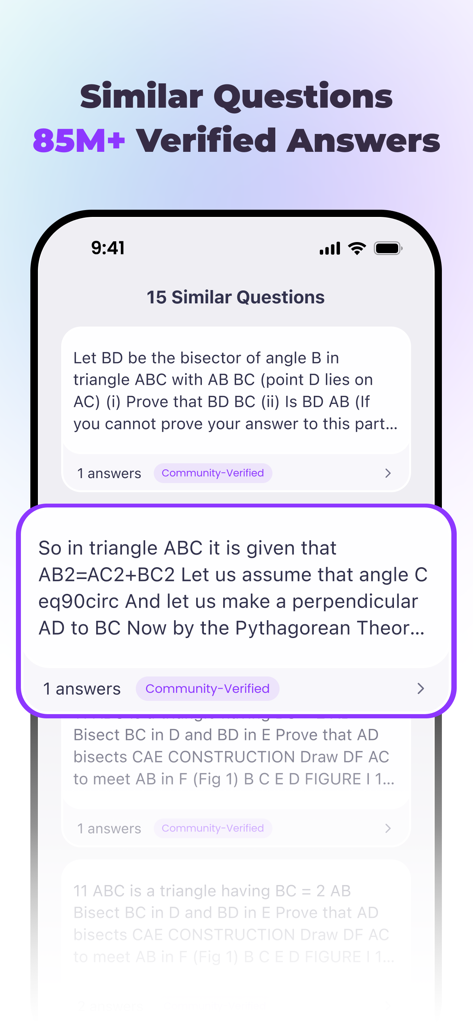 Interface of StudyX app showing a list of geometry questions and over 85 million community-verified answers