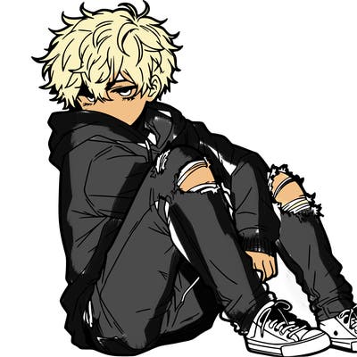 a male hoddie ripped jeans messy hair anime
