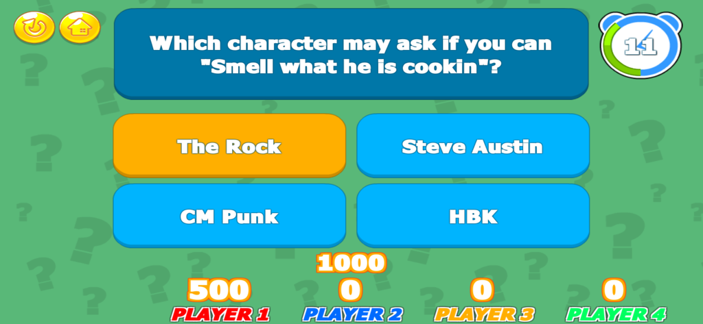 Wrestling Trivia­ - Multiplayer gameplay screen of Wrestling Trivia showing a catchphrase question with scores for four players.