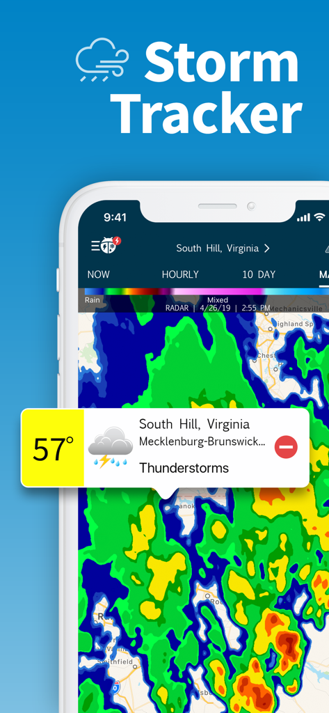 WeatherBug Elite app displaying a colorful Doppler radar map and storm tracker for South Hill Virginia.
