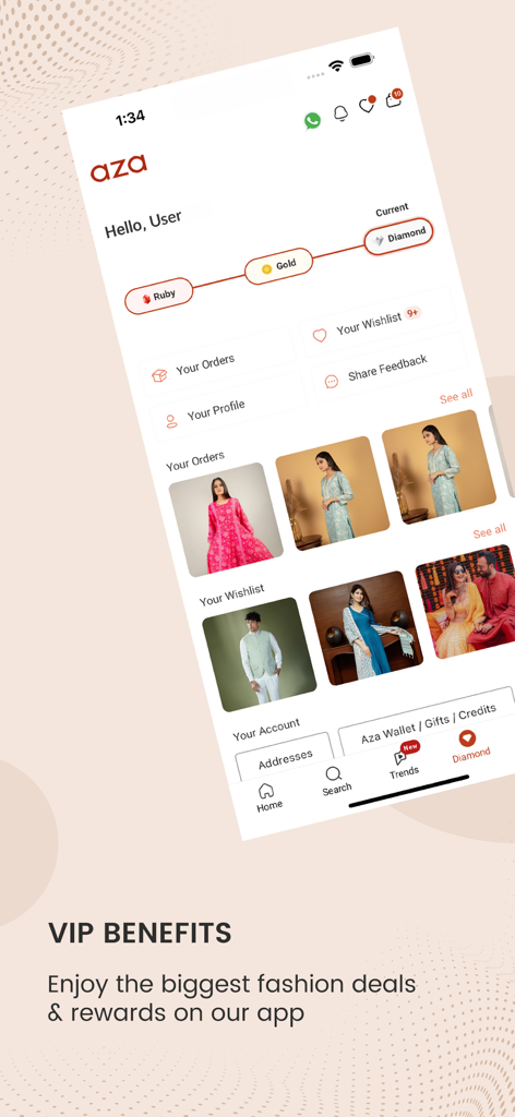 Aza Fashions Designer Clothing - Aza Fashions app user profile screen showing VIP loyalty tiers and personalized shopping recommendations for designer ethnic wear.