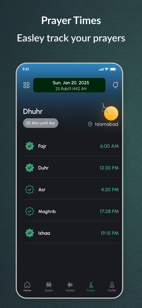 Quran Learning: AI Recitation - Smartphone screen displaying daily Islamic prayer times and countdown to the next prayer