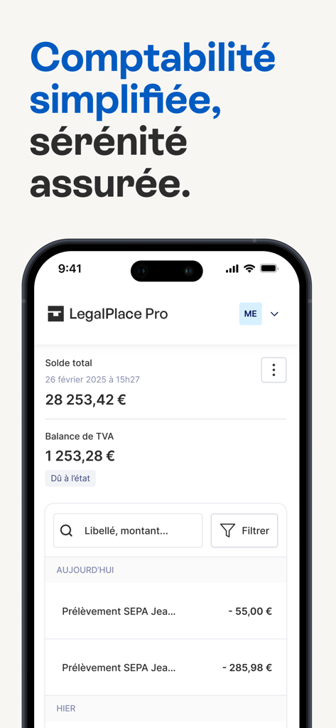 Tableau de bord de l'application mobile LegalPlace Pro montrant le solde du compte et l'historique des transactions de l'entreprise sur un smartphone.