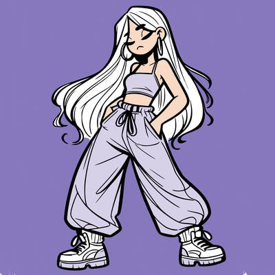 girl in baggy pants crop top and long hair