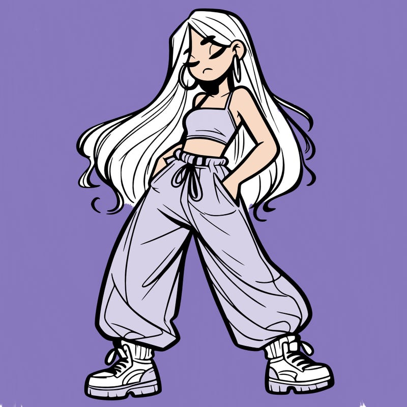 girl in baggy pants crop top and long hair