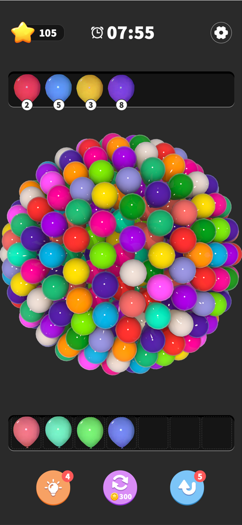 Balloon Triple Match: Match 3D - A screenshot of Balloon Triple Match showing a sphere of colorful 3D balloons and a matching tray