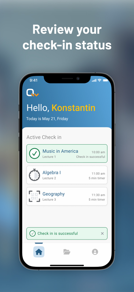 Qwickly Attendance - 학생의 활성 수업 체크인 상태를 보여주는 Qwickly 출석 앱 스크린샷