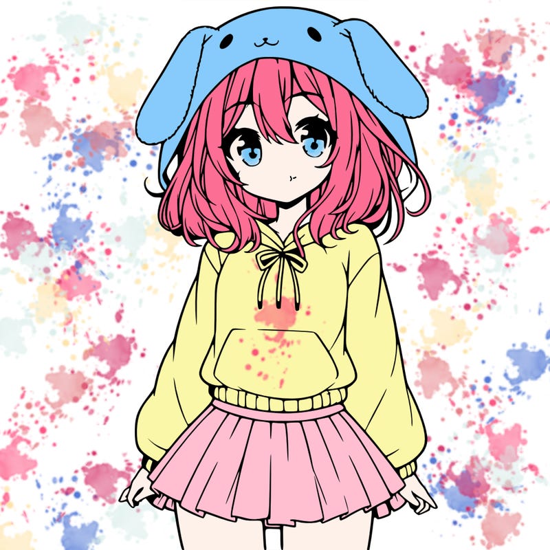 pretty anime girl wearing a fluffy hoodie with bunny ears on the hood and a skirt