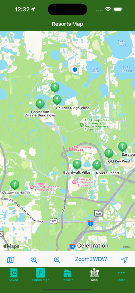 Map view of various Disney Vacation Club resort locations within the DVC Planner app.