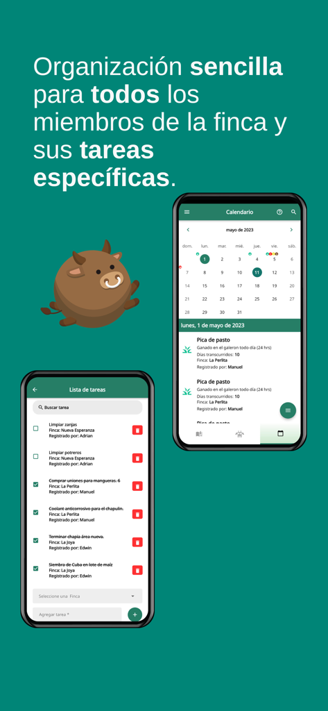 Interfaz de la app móvil InnoBovino mostrando una lista de tareas de la finca y calendario para la gestión de la granja