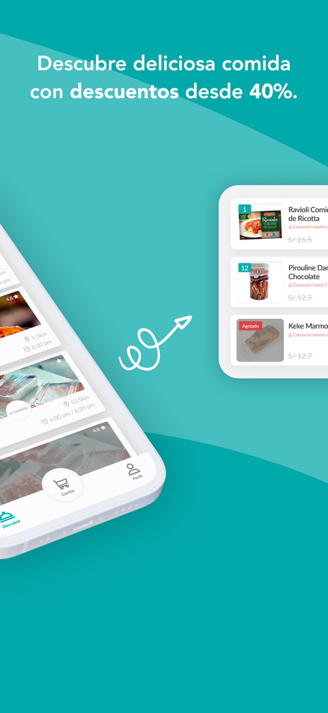 Cirkula - Interfaz de la aplicación móvil Cirkula que muestra artículos de comida con descuentos del cuarenta por ciento o más