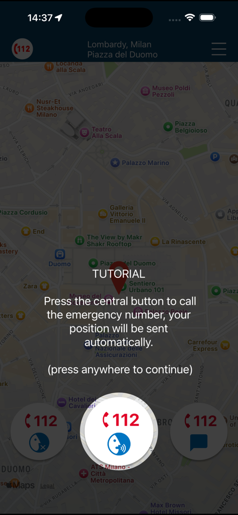 112 Where ARE U - The 112 Where ARE U app tutorial screen showing emergency call options over a map interface