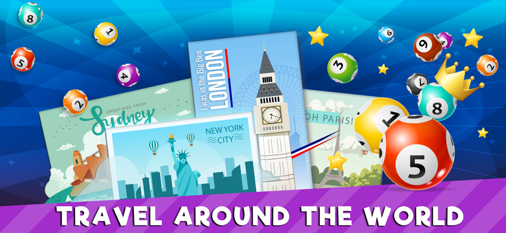 Bingo Deluxe - Bingo Deluxe game screen showing postcards from world cities like London and New York with colorful bingo balls and the text Travel Around The World