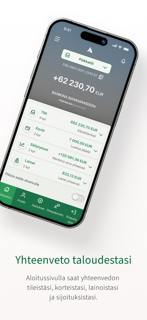 Ein Finanzübersicht-Bildschirm der Alandsbanken Finnland Mobile-App mit Konten, Karten, Investitionen und Krediten