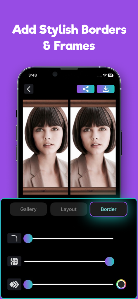 Interfaz de una aplicación móvil que muestra una comparación de fotos lado a lado con ajustes de bordes y marcos.