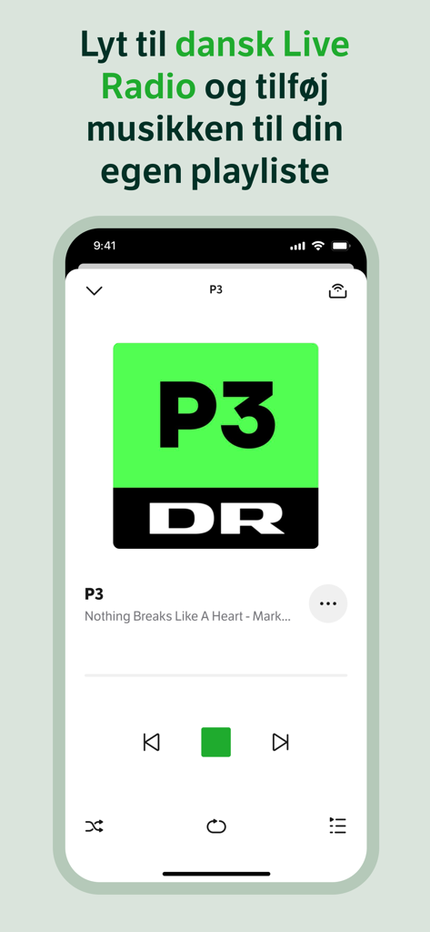 Benutzeroberfläche der YouSee Musik App, die einen dänischen Live-Radiosender abspielt