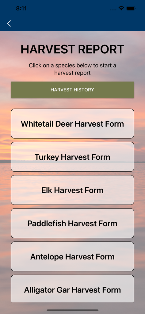 Harvest report screen in the Go Outdoors Oklahoma app showing hunting forms for various species
