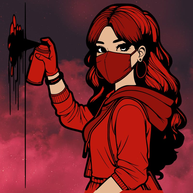 realistic girl with mask spray painting a wall