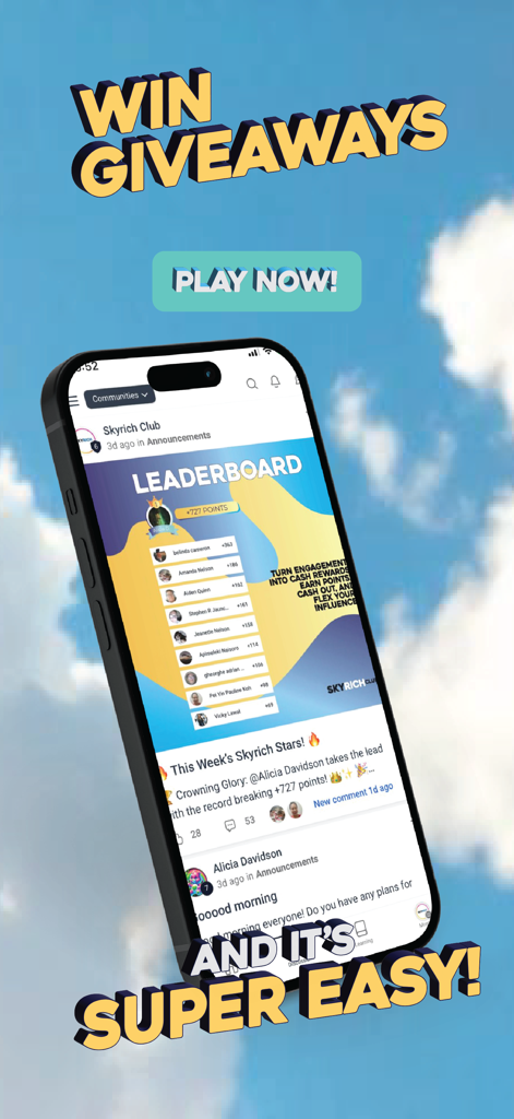 Skyrich Club - A smartphone showing the Skyrich Club app leaderboard and giveaway features against a blue sky background.