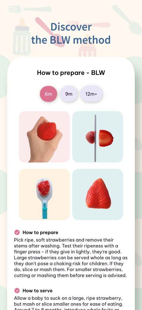 Interface de l'application Little Foodie montrant des instructions visuelles pour préparer et servir des fraises pour l'alimentation autonome (DME) à partir de 6 mois.