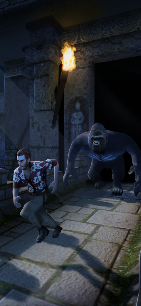 A character running away from a giant gorilla in a dark temple environment