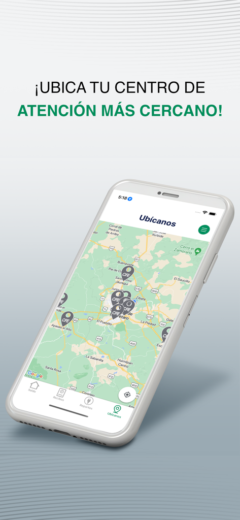 Aplicativo móvel CFE Contigo mostrando um mapa com locais de centros de atendimento ao cliente