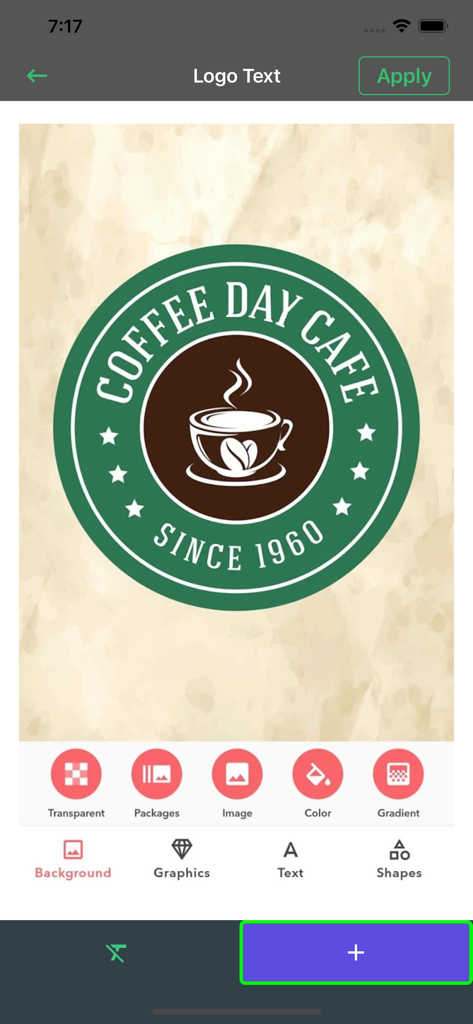 Create Logo Maker for Business - Interfaz de aplicación móvil que muestra el diseño de un logo de cafetería con varias herramientas de edición