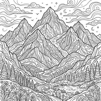 Unwind with this intricate adult coloring page featuring majestic mountain ranges and a serene natural landscape. Its detailed patterns and calming theme are perfect for mindfulness and creative expression.