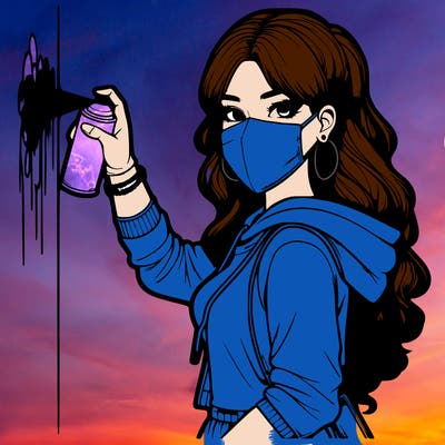 realistic girl with mask spray painting a wall