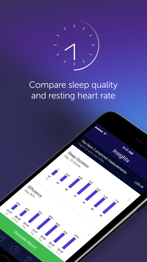 Sleep Time+ Cycle Alarm Timer - Interface de l'application Sleep Time plus affichant des informations sur la durée et l'efficacité du sommeil avec des graphiques à barres sur fond violet