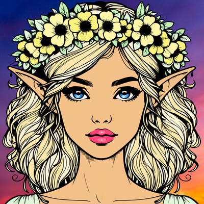 realistic female elf with flower crown