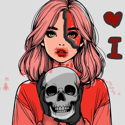 realistic girl holding a skull