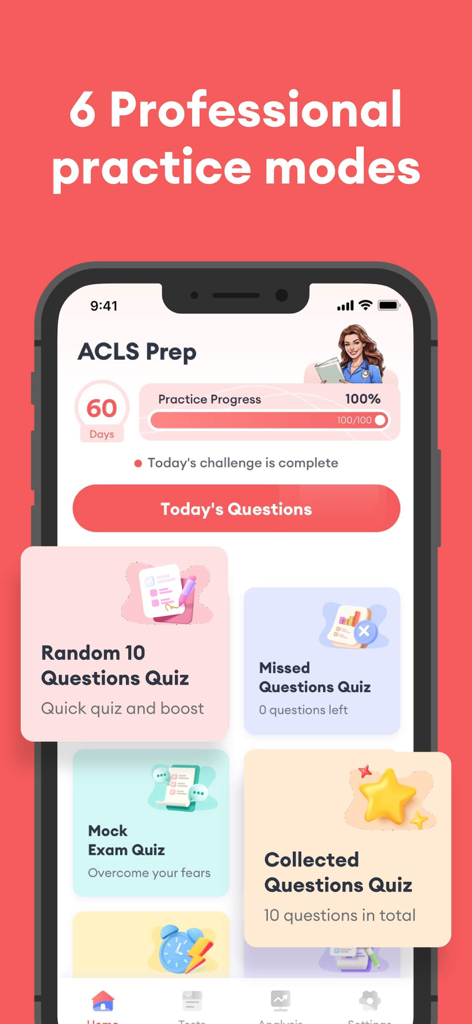 Painel de preparação para o exame ACLS com múltiplos modos de prática e acompanhamento de progresso
