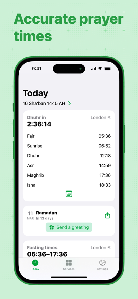 IslamApp: Prayer times, Qibla - IslamApp interface showing accurate daily prayer times and countdown on an iPhone