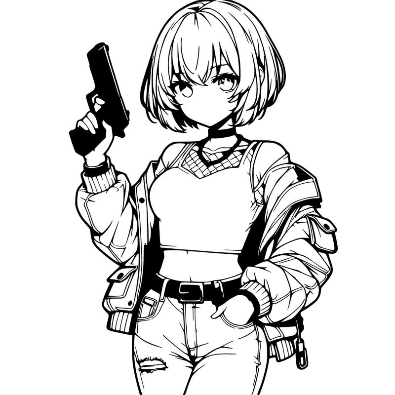 realistic anime girl with a gun wearing a crop top and a jacket and short jeans